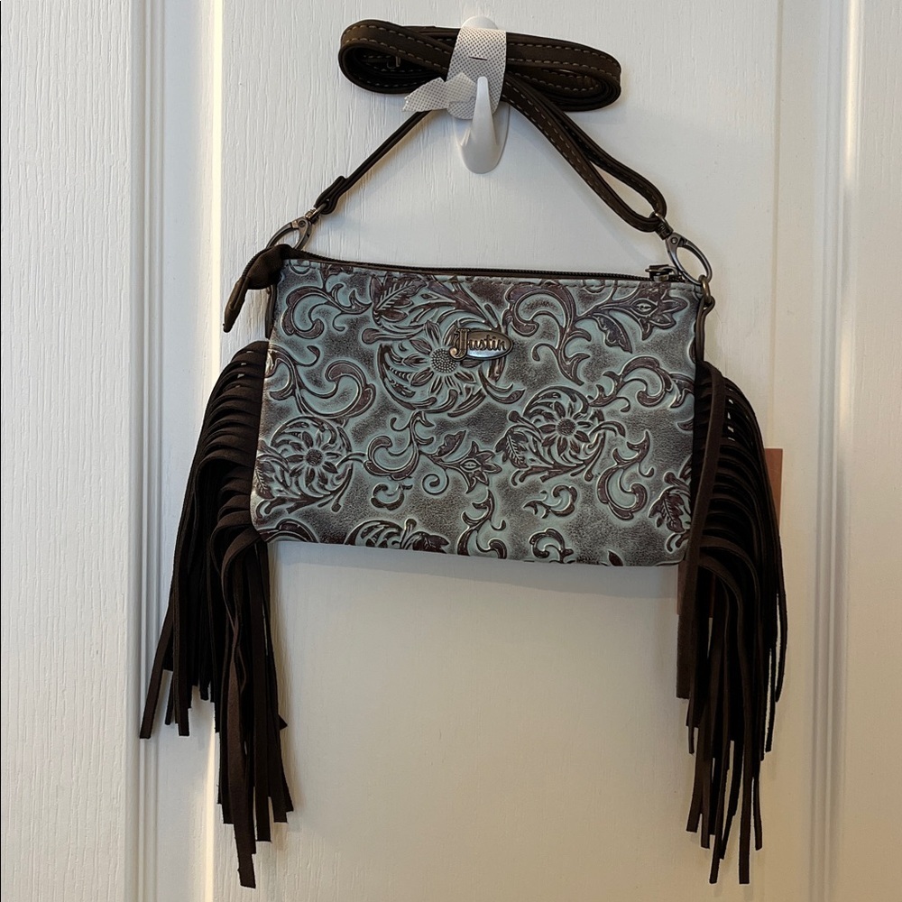 🆕 JUSTIN WOMEN'S CROSSBODY BAG TURQUOISE TOOLED SUNFLOWER PATTERN FRINGE - Picture 6 of 11